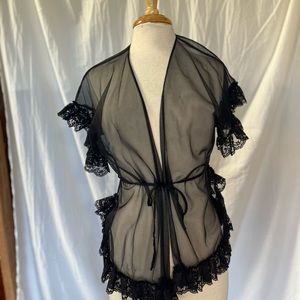 Vintage 90s Fredericks of Hollywood Sheer Lace Black Short Sleeve Bed Jacket OS